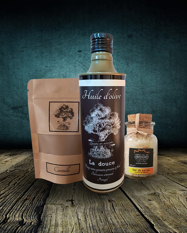 coffret la douce : huile d'olive "La douce" 500 mL, cannelle et fleur de sel au citron