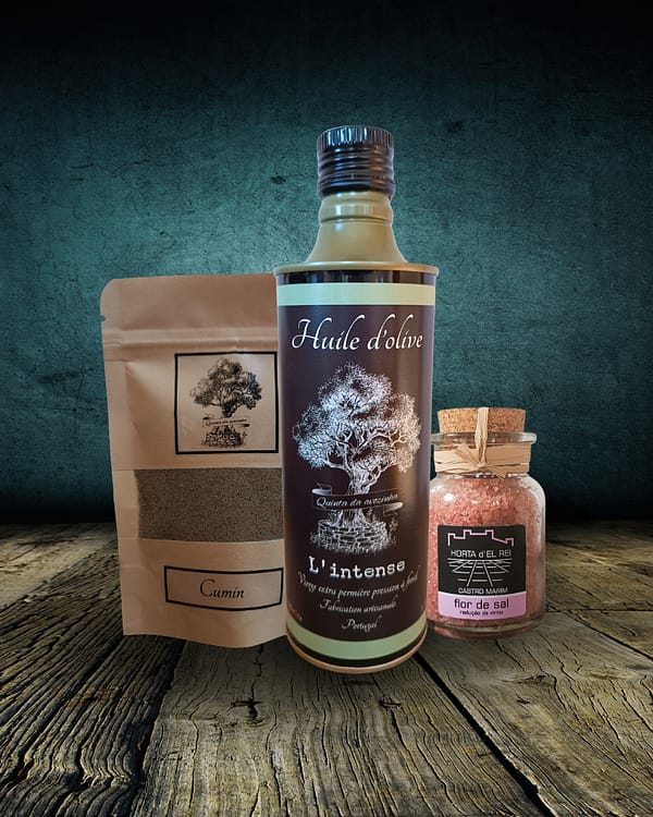 coffret l'intense : huile d'olive "L'intense" 500 mL, Cumin et fleur de sel au vin de Porto